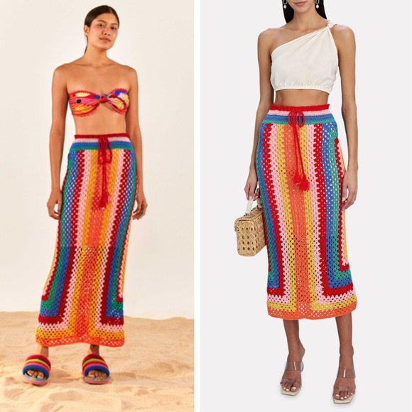 FARM Rio Dresses & Skirts - NWT Farm Rio Rainbow Striped Scarf Crochet Midi Skirt - Size Medium